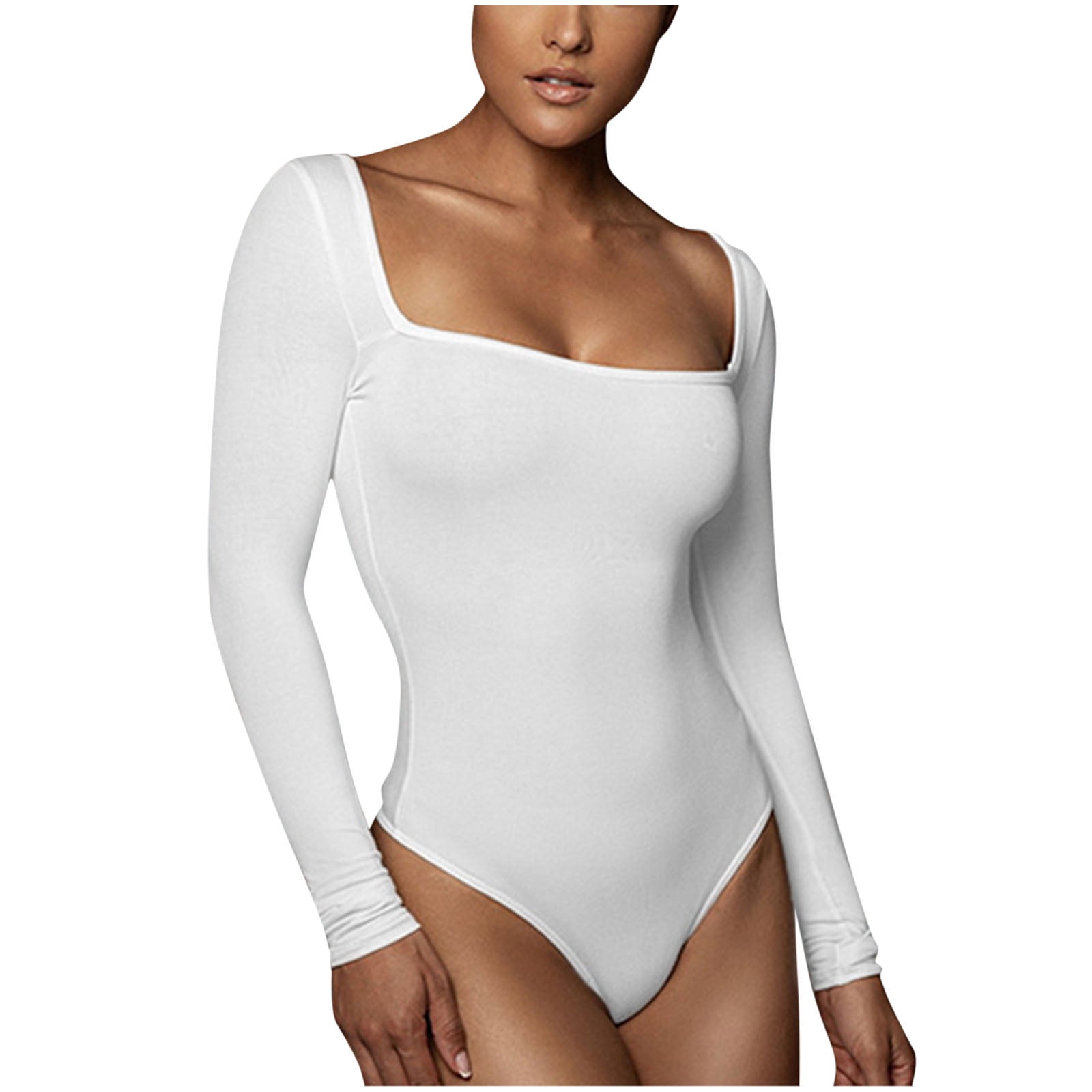 Lovskoo Long Sleeve Bodysuit for Women Tummy Control Fleece Thin Square  Neck Shapewear Seamless Sculpting Thong Body Shaper Tops Jumpsuit White