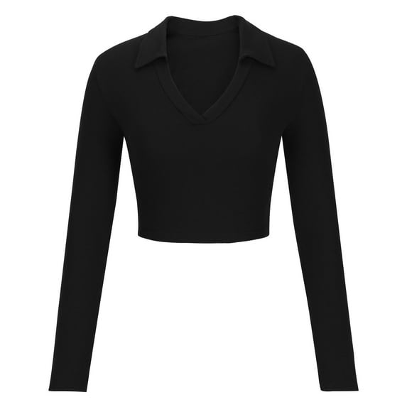 Lovskoo Long Sleeve Shirts for Women Crop Tops Winter Fall Tight Cotton Ribbed Deep V Lapel Collar Crop Ribbed T-Shirt Slim Fit Soft Baselayer Undershirts Tops Black L
