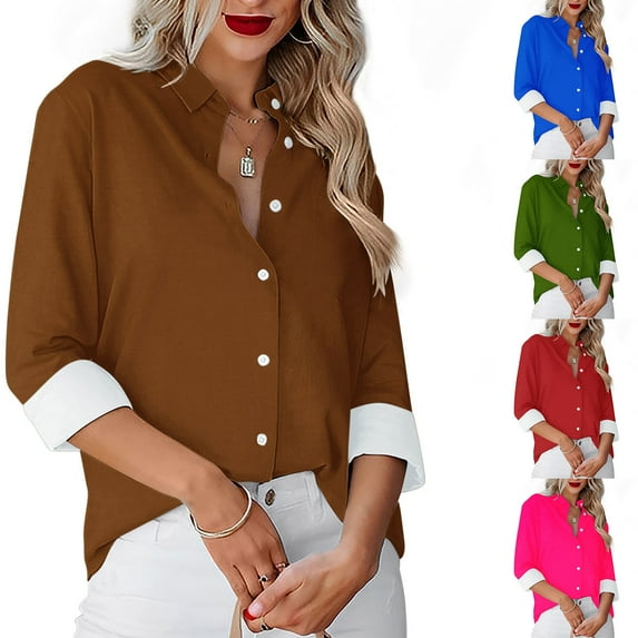 Lovskoo Long Sleeve Shirts for Women Button Down Shirt Casual Print T-Shirts Fall Spring Loose Shirt Tops Blouse Brown