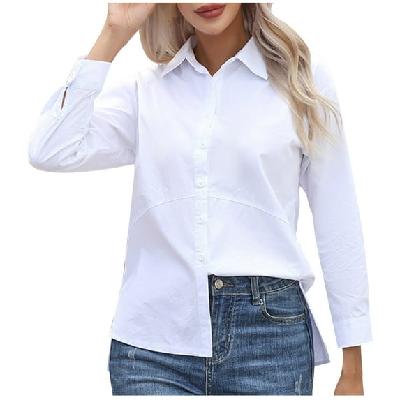 Lovskoo Long Sleeve Shirts for Women Button Down Trendy Solid T-Shirt Blouse V-Neck Casual Tops White M