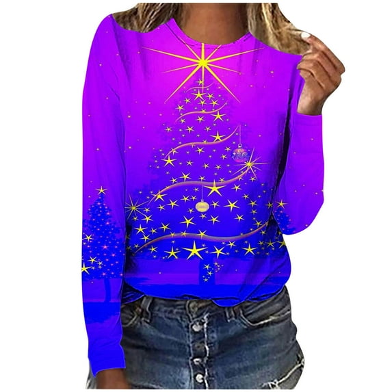 Lovskoo Long Sleeve Shirts for Women Christmas Printed Casual Loose Round Neck T-Shirt Tops Blouse Pink