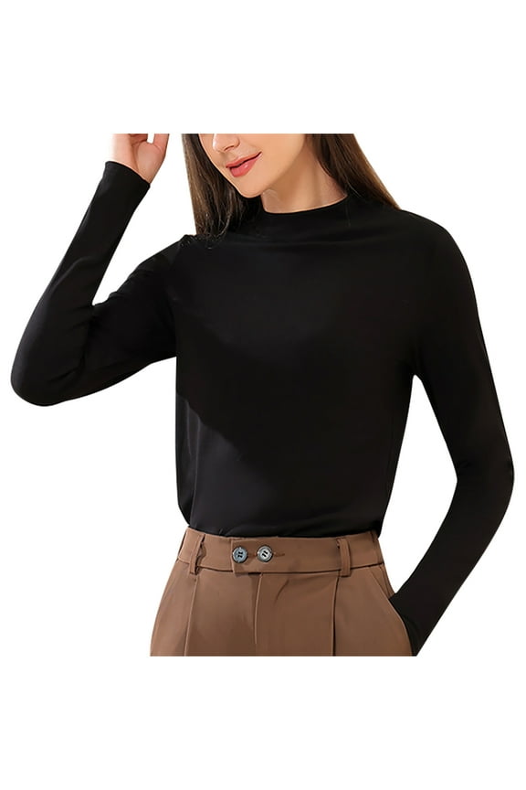 Long Sleeve Shirts for Women Comfortable Solid Color Tight Turtleneck Slim Fit Soft Baselayer Undershirts Tops Black 2XL