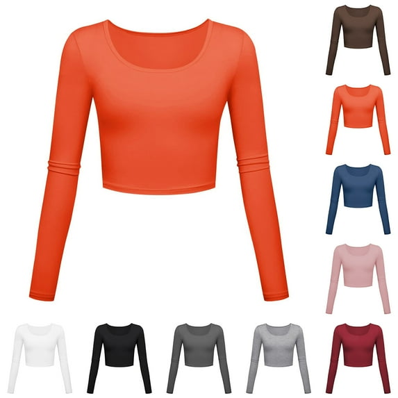 Lovskoo Long Sleeve Shirts for Women Crop Tops Comfortable Solid Color Tight Round Neck Slim Fit Soft Baselayer Undershirts Tops Black XL
