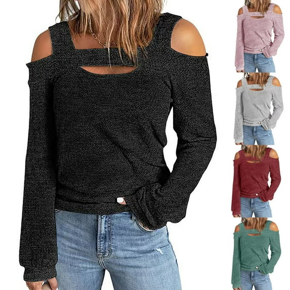 Lovskoo Long Sleeve Shirts for Women Cusal Round Neck Cold Shoulder Lightweight Sweatshirts Solid Color Pullover Tops Red