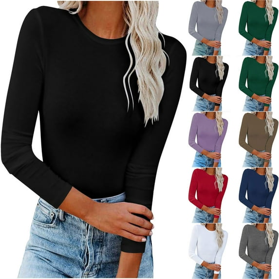 Lovskoo Long Sleeve Shirts for Women Fall Trendy Stretch Fitted T-Shirt Blouse Solid Basic Tops Slim Fit Soft Baselayer Undershirts Tops Purple L