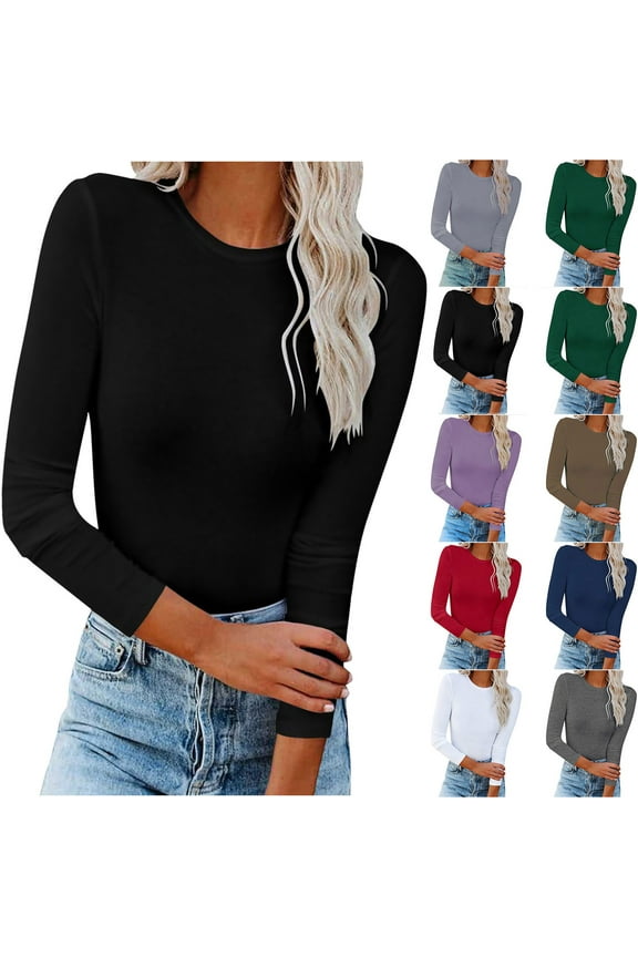 Long Sleeve Shirts for Women Fall Trendy Stretch Fitted T-Shirt Blouse Solid Basic Tops Slim Fit Soft Baselayer Undershirts Tops White M