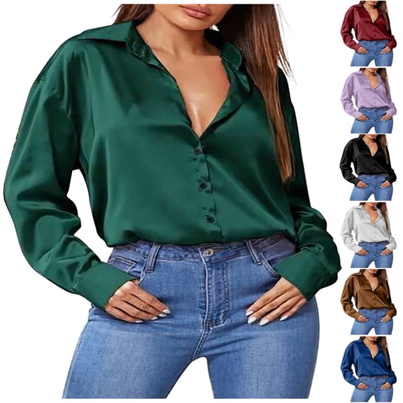 Lovskoo Long Sleeve Shirts for Women Satin Button Down Shirt Casual Print T-Shirts Fall Spring Loose Shirt Tops Blouse Khaki