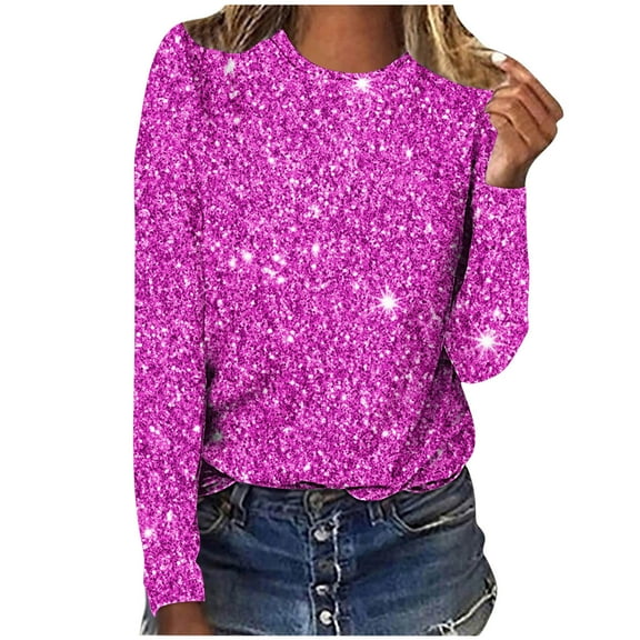 Lovskoo Long Sleeve Shirts for Women Spring Fall Sparkly Sequin Printed Round Neck Pullover Casual Purple 2XL