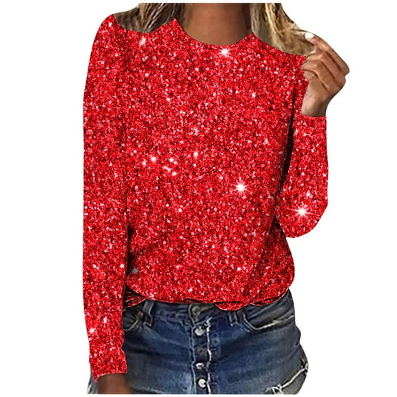 Lovskoo Long Sleeve Shirts for Women Spring Fall Sparkly Sequin Printed Round Neck Pullover Casual Red M