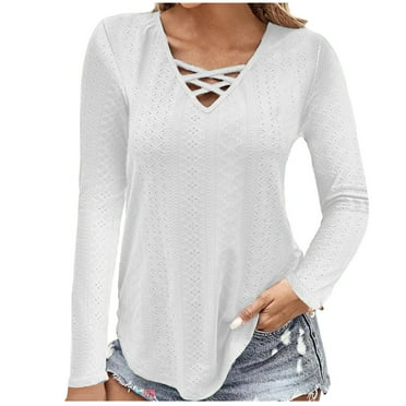 Lovskoo Long Sleeve Shirts for Women Spring Fall Trendy Button V-Neck Casual T-Shirt Top Solid Blouse White