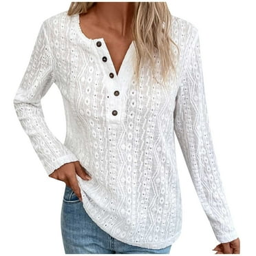 Lovskoo Long Sleeve Shirts for Women Spring Fall Trendy Lace Button V-Neck Casual T-Shirt Top Solid Blouse White