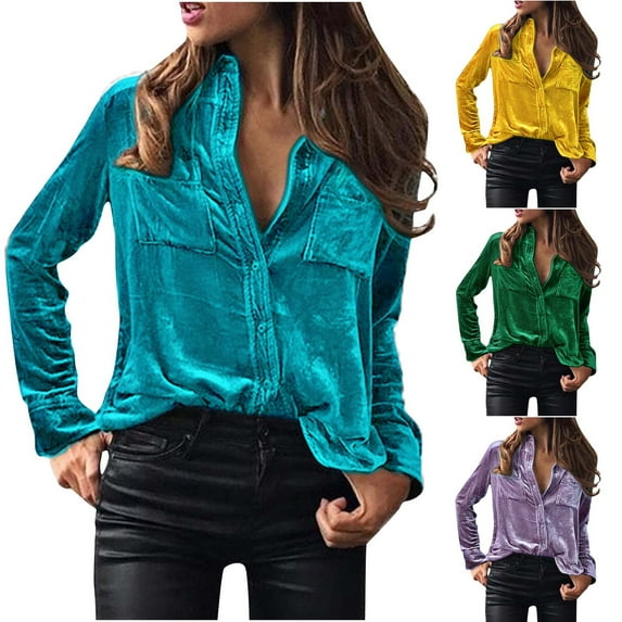 Lovskoo Long Sleeve Shirts for Women Velvet Button Down Shirt Casual Solid Color Single Breasted Fall Spring Loose Shirt Tops Blouse Light Blue