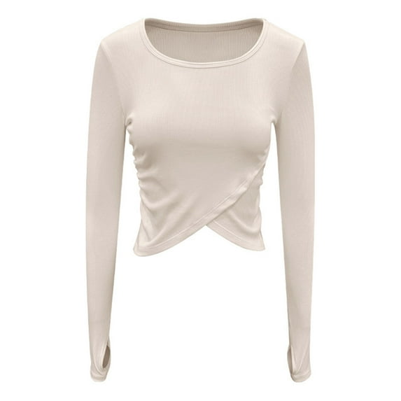 Lovskoo Long Sleeve Sweaters for Women Winter Fall Casual Solid Color Knitted Tights Crop Tops Slim Basic Shirts Beige M