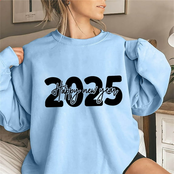 Lovskoo Happy New Year Sweatshirt For Women 2025 Christmas Holiday Pullover Shirts Casual Crewneck Graphic Sweater Light Blue