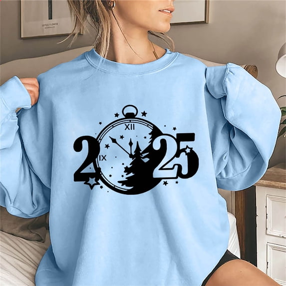 Lovskoo Happy New Year Sweatshirt For Women 2025 Christmas Holiday Pullover Shirts Casual Crewneck Graphic Sweater Light Blue