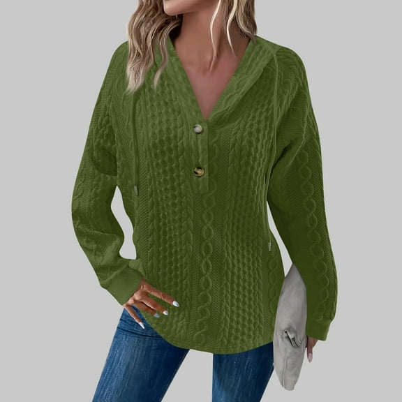 Lovskoo Waffle Knit Hoodies for Women Dressy V Neck Button Down Blouse Fall Winter Long Sleeve Pullover Solid Color T-shirt Olive Green