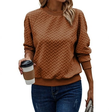 Lovskoo Long Sleeve Sweatshirt for Women Trendy Button Round-Neck Casual T-Shirt Top Solid Blouse Coffee M