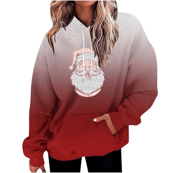 Lovskoo Long Sleeve Sweatshirt for Women Trendy T-Shirt Christmas Printing Hooded Pockets Blouse Tops Red XL