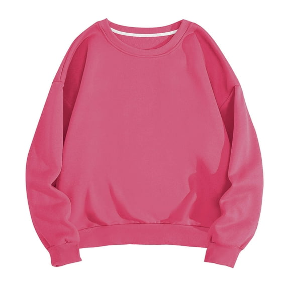 Lovskoo Long Sleeve Sweatshirt for Women mens solid color Casual Round Neck Tops Loose Shirts Blouse Sweatshirt Hot Pink