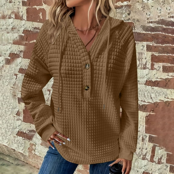 Lovskoo Long Sleeve waffle Sweatshirt for Women drawstring solid color Casual button front hooded Sweatshirt Blouse Brown