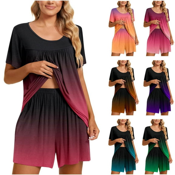 Lovskoo Lounge Sets for Women Casual Round-Neck Short Sleeve Two-Piece Comfortable Home Pajamas Sports Set Watermelon Red