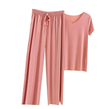 Lovskoo Lounge Sets for Women Summer Trendy Casual Solid Color Short Sleeve V-Neck Top and Trousers Two-Piece Suit Pink L