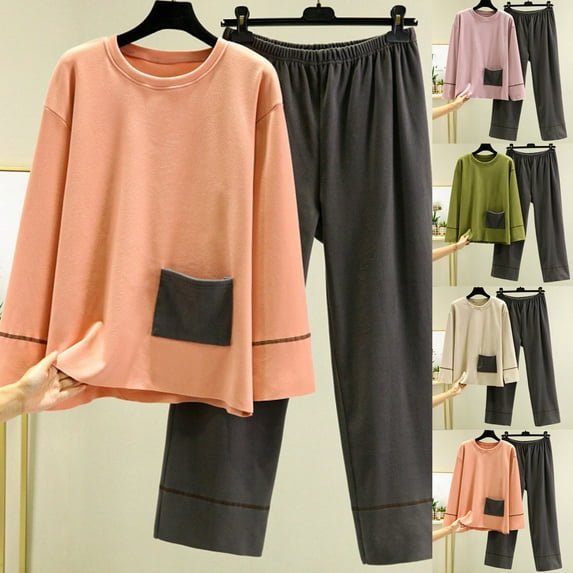 Lovskoo Lounge Sets for Women Warm Pocket Winter Plush Long Sleeve Pants Loose Round Neck Pajama Set Green