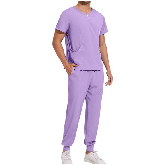 Lovskoo Man Solid Color Quick-Drying Scrubs for Men Button Short Sleeve Round-Neck Shirts and Long Pants with Pocket Sets Purple