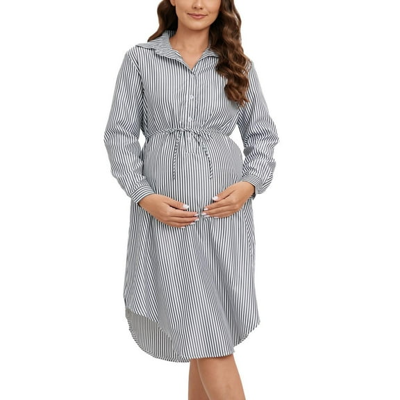 Zwiiyzr Maternity Dress Womens Button Down Shirt Dresses with Pockets Cotton Button Up Tunics Long Sleeve Solid Striped Blouse Tops Black