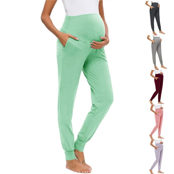Lovskoo Maternity Leggings Casual Temperament Solid Slim Flare Trousers Yoga Pants Purple