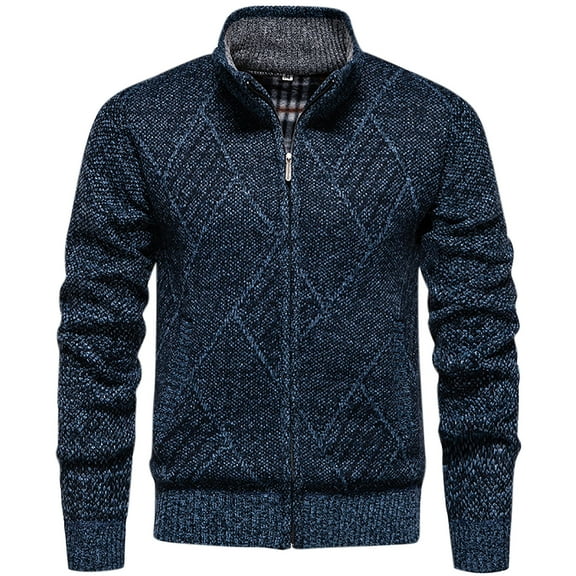 Lovskoo Men Casual Fleece Lined Stand Collar Sweater Coat Full Zip Knitted Cardigan Sweaters Blue