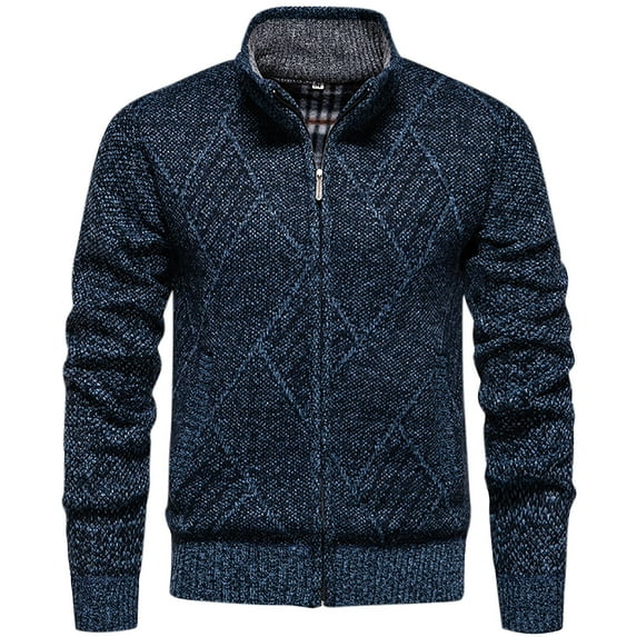 Lovskoo Men Casual Fleece Lined Stand Collar Sweater Coat Full Zip Knitted Cardigan Sweaters Blue