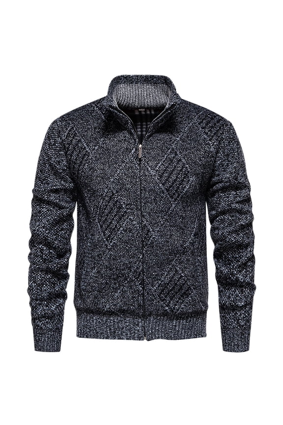 Men Casual Fleece Lined Stand Collar Sweater Coat Full Zip Knitted Cardigan Sweaters Dark Gray