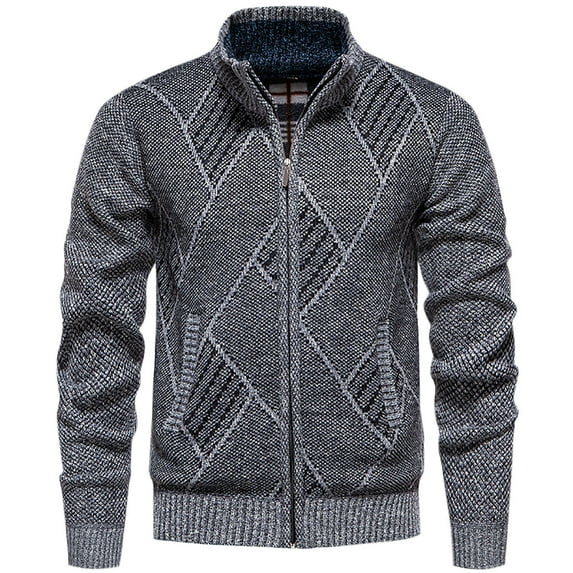 Lovskoo Men Casual Fleece Lined Stand Collar Sweater Coat Full Zip Knitted Cardigan Sweaters Gray