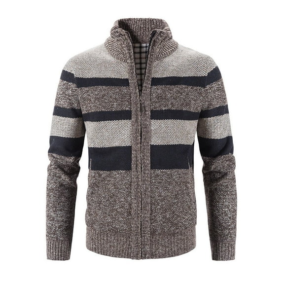 Lovskoo Men Casual Plus Size Stand Collar Sweater Coat Fleece Lined Full Zip Knitted Cardigan Sweaters Coffee