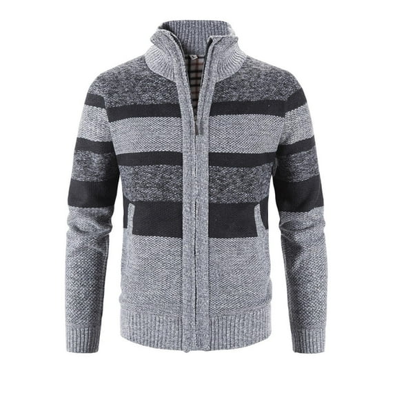 Lovskoo Men Casual Plus Size Stand Collar Sweater Coat Fleece Lined Full Zip Knitted Cardigan Sweaters Gray