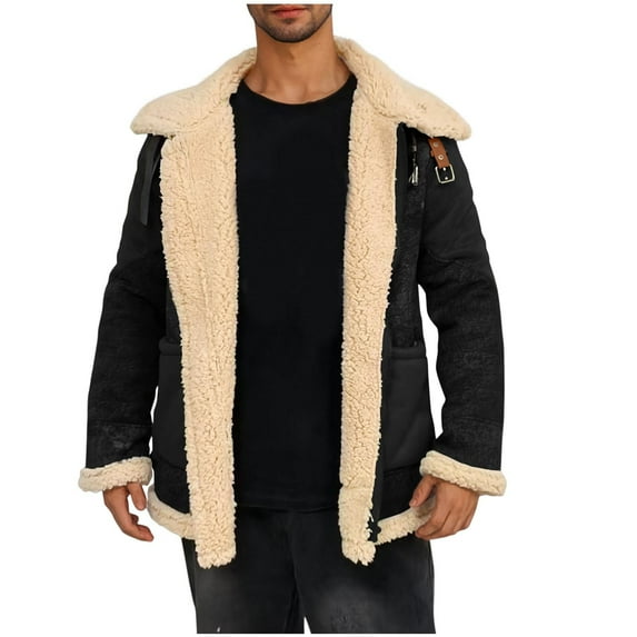 Lovskoo Men Winter Jacket Lined Sherpa Jacket Casual Patchwork Turndown Collar Warm Trucker Coat Multi Pocket Zipper Coat Black