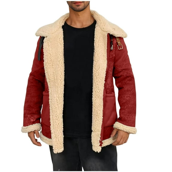 Lovskoo Men Winter Jacket Lined Sherpa Jacket Casual Patchwork Turndown Collar Warm Trucker Coat Multi Pocket Zipper Coat Red