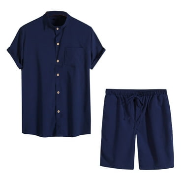 Lovskoo Men's 2 Piece Summer Outfits Stand Collar Trendy Shirt Casual Short Sleeve and Drawstring Shorts Set Navy M
