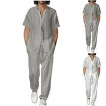 Lovskoo Men's 2 Pieces Cotton Linen Set Casual Short Sleeve Button Up Shirts Beach Yoga Pants Summer Outfits White