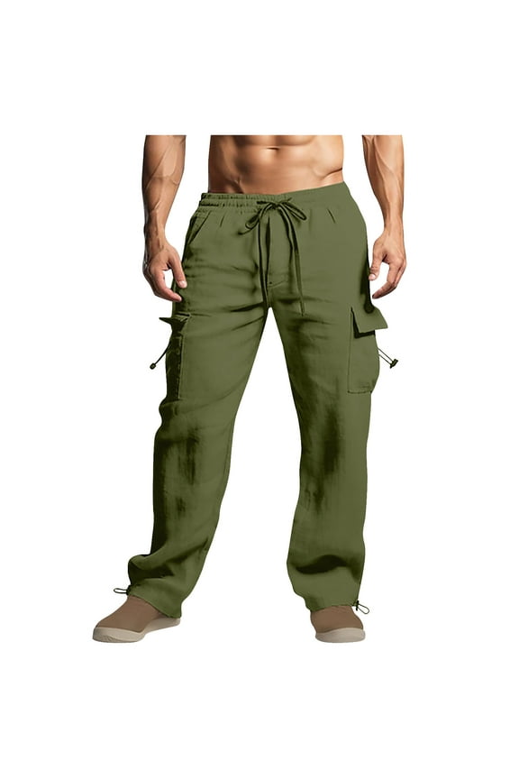 Men's 2024 Cargo Pants Cotton and Linen Drawstring Elastic Waist Multi-Pocket Casual Crgo Pants Olive Green