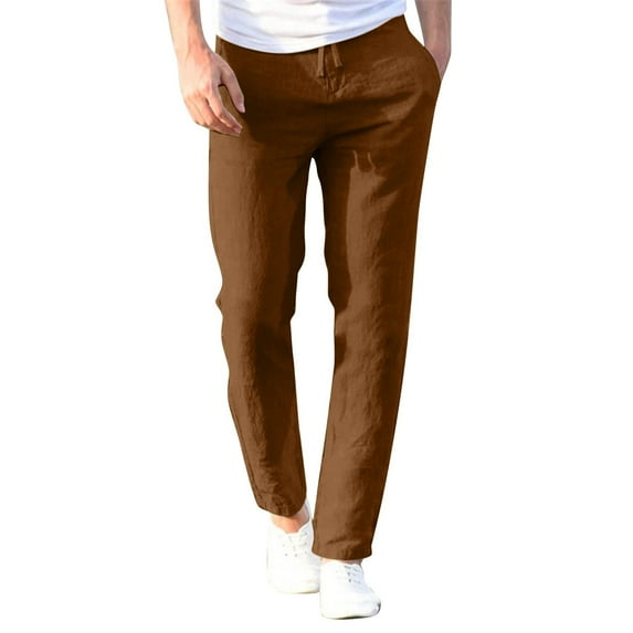 Lovskoo Men's 2024 Cotton Linen Pants Casual Linen Drawstring Pocket Elastic Belt Straight Solid Pants Brown