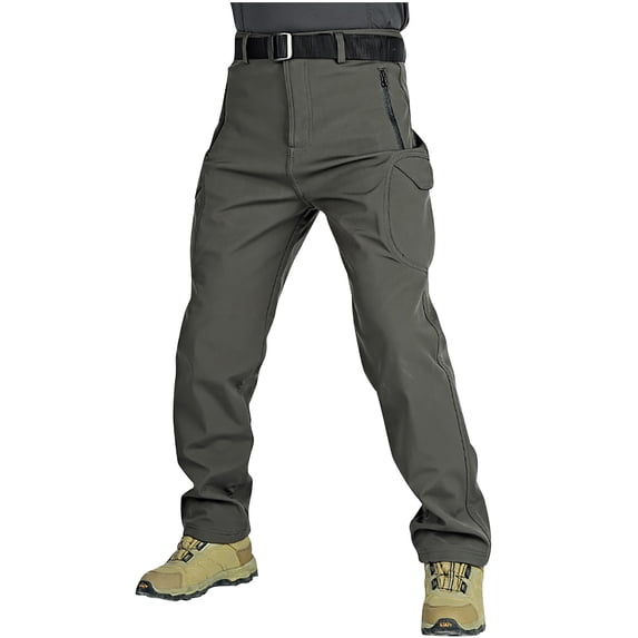 Lovskoo Men's 2024 Fleece Lined Cargo Pants Solid Color Multi Pocket Plush Warm Work Pants Dark Gray