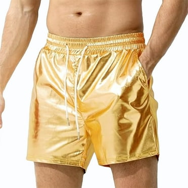 Lovskoo Men's Beach Board Shorts Solid Color Trendy Bright Pockets Elastic Waist Drawstring Short Pants Gold