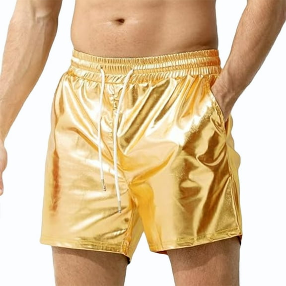 Lovskoo Men's Beach Board Shorts Solid Color Trendy Bright Pockets Elastic Waist Drawstring Short Pants Gold