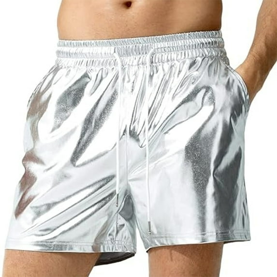 Lovskoo Men's Beach Board Shorts Solid Color Trendy Bright Pockets Elastic Waist Drawstring Short Pants Silver