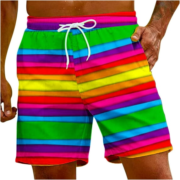 Lovskoo Men's Beach Board Shorts Summer 2024 Holiday Printing Lgbt Print Casual Comfort Vacation Pride Half Shorts with Drawstring Pocket Multicolor L