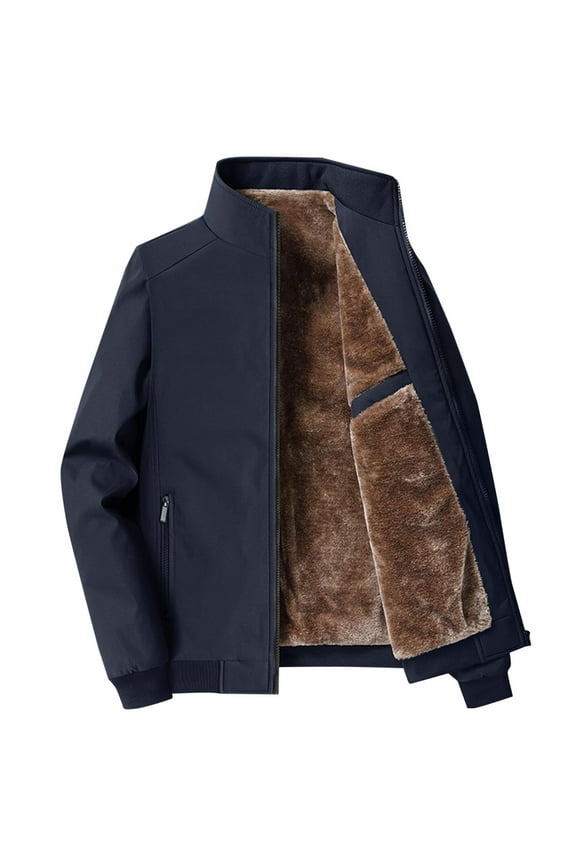 Men's Bomber Jacket Fleece Lined Solid Color Long Sleeve Windproof Zipper Stand Up Collar Pocket Thick Jacket Coat Blue