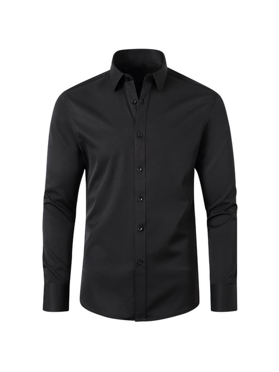 Men's Business Dress Shirts Casual Fashion Long Sleeve Turn-Down Collar Button Shirt Blouse Black