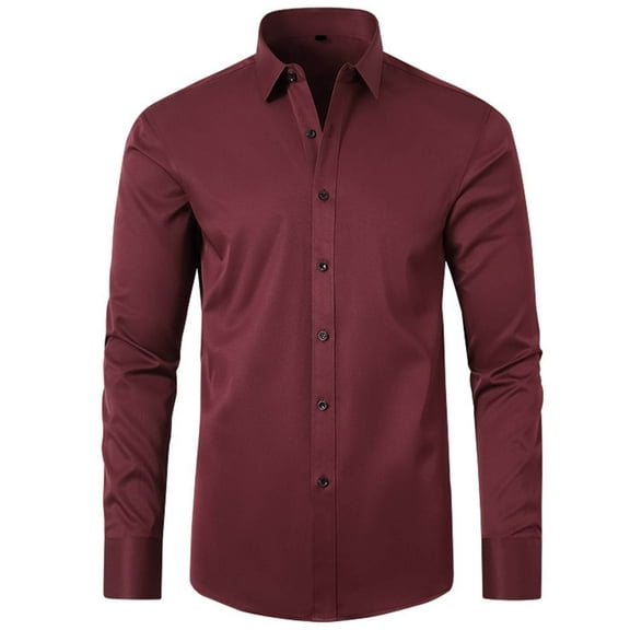 Lovskoo Men's Business Dress Shirts Casual Fashion Long Sleeve Turn-Down Collar Button Shirt Blouse Burgundy